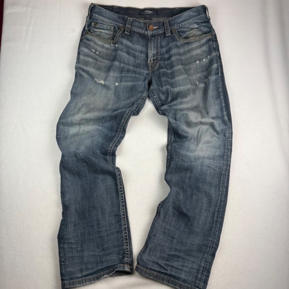 Silver Jeans Co Allan Classic Fit‎ Straight Leg Distressed Blue Jeans 36x34 Mens